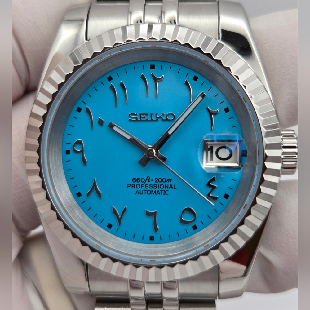 New 39mm Seiko Mod  Automatic Watch Turquoise Blue matte Dial